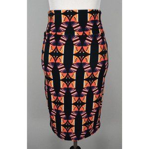 LULAROE Cassie Black Orange Purple Geometric Stretch Midi Skirt Size Small